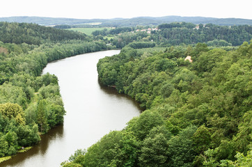 Fototapeta na wymiar River Vltava near confluence with Luznice. Tyn nad Vltavou. Czech republic. Romantic natural scenery. 