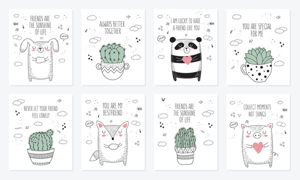 Vector set of postcards with animals, house plants and slogan about friend. Doodle illustration