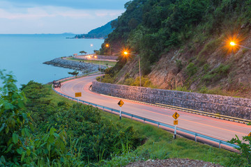 Beautiful curved road of the sea at Noen Nangphaya view point Chanthaburi, Thailand
