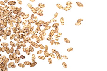 Organic barley flakes, pile isolated on white background, top view