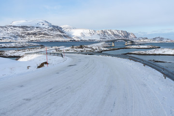 Atlantic road and bridge to Fradvang village in Lofoten archipelago, Norway, Scandinavia