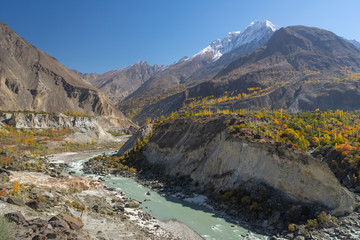 Beautiful scenery of Hunza valley in autumn season, Gilgit Baltistan, Pakistan