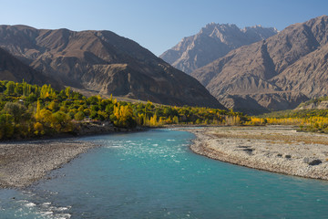 Blue river in Gupis vallay in autumn season, Ghizer, Pakistan