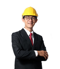 Portrait of happy young engineer man. with hard hat on white background.Senior businessman looking at camera with a bright smile, isolated on white background.