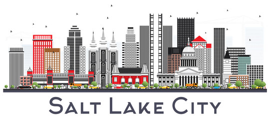 Salt Lake City Utah City Skyline with Gray Buildings Isolated on White.