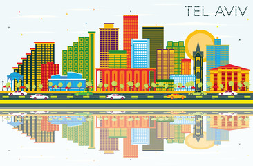 Tel Aviv Israel City Skyline with Color Buildings, Blue Sky and Reflections.