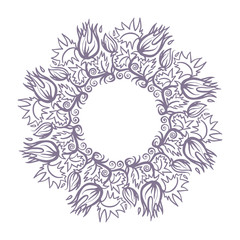 Round Hand Drawn mandala shape flowers and herbs vintage frame floral elements on white background