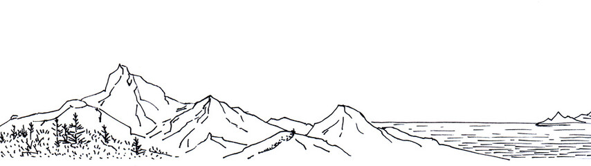 Black line ink style sketch panorama. Hand made.