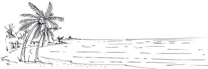 Black line ink style sketch panorama. Hand made.