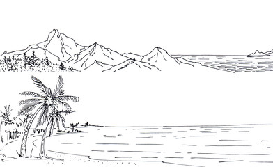 Black line ink style sketch panorama. Hand made.