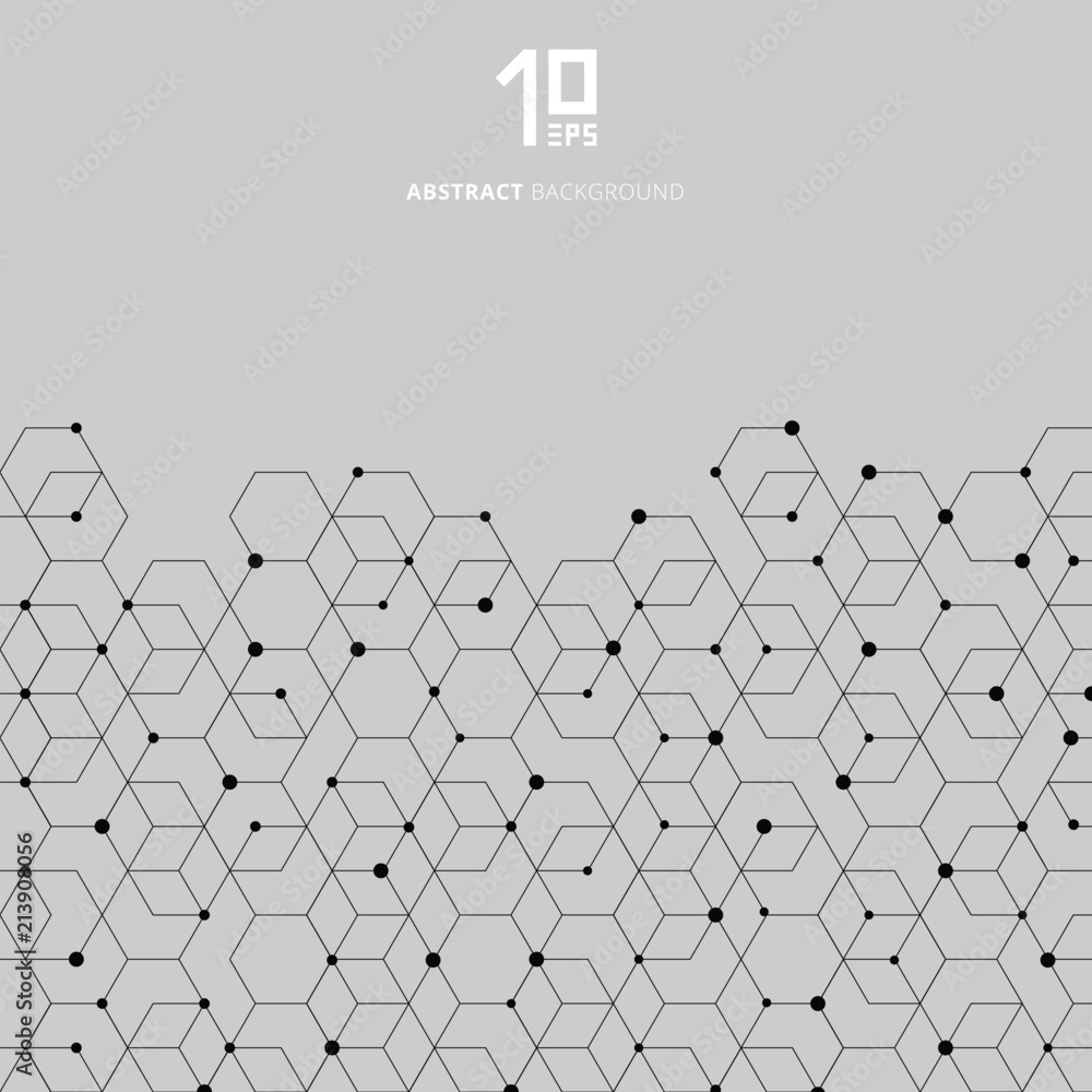 Poster abstract technology black hexagons pattern and node connection on gray background