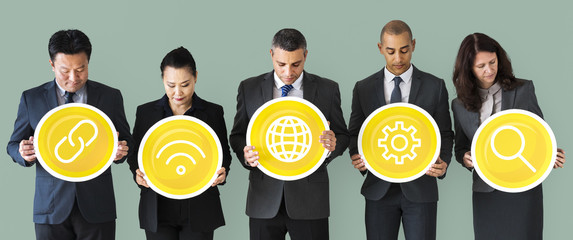 Business people holding internet icons