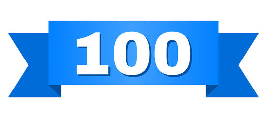 100 text on a ribbon. Designed with white caption and blue tape. Vector banner with 100 tag.