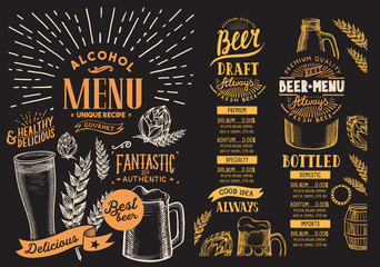 Beer menu for restaurant. Design template with hand-drawn graphic illustrations. Vector beverage flyer for bar.