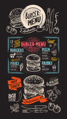 Fototapeta premium Food menu for burger restaurant. Vector food flyer for bar and cafe. Design template with vintage hand-drawn illustrations.