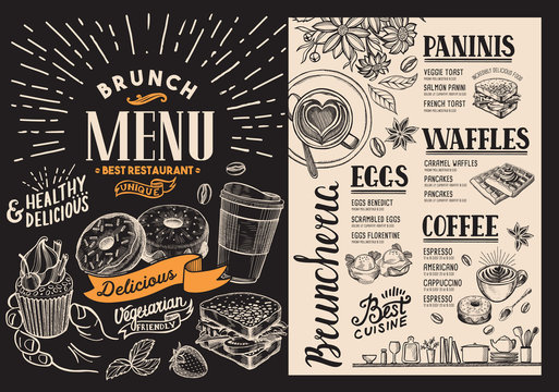 Brunch restaurant menu. Vector food flyer for bar and cafe. Design template on blackboard background with vintage hand-drawn illustrations.