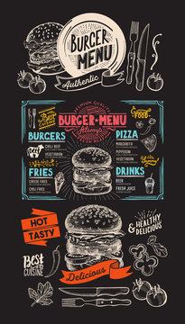 Food  menu for burger restaurant. Vector food flyer for bar and cafe. Design template with vintage hand-drawn illustrations.