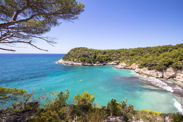 Panorama view of Cala Mitjana, Menorca, Spain - obrazy, fototapety, plakaty