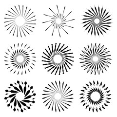 Set of Retro Brush Sun Burst Shapes. Vintage logo, labels, badges. Vector design element isolated. Minimal black firework burst