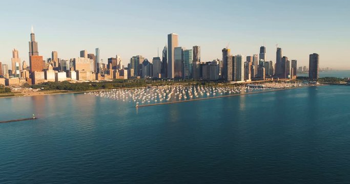 High angle aerial view of Chicago Downtown skyline, morning light
