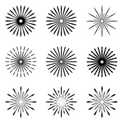 Set of Retro Brush Sun Burst Shapes. Vintage logo, labels, badges. Vector design element isolated. Minimal black firework burst