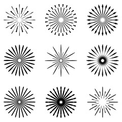 Set of Retro Brush Sun Burst Shapes. Vintage logo, labels, badges. Vector design element isolated. Minimal black firework burst