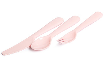 set of various plastic cutlery isolated