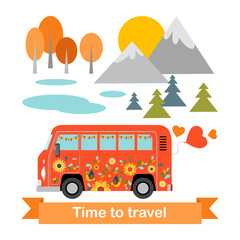 Bus tour. Cartoon hippie bus on a landscape background. Funny vector illustration