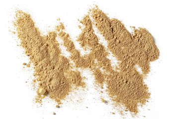 Ginger powder isolated on white background, top view (Zingiber officinale)
