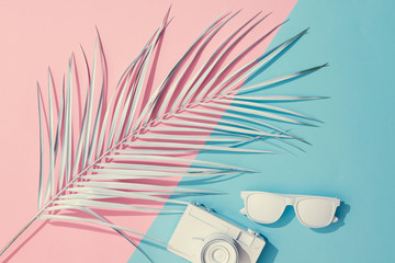 Fototapeta na wymiar Beach accessories and palm leaves on pastel pink and blue background with copy space. Summer is coming concept. Minimal flat lay.