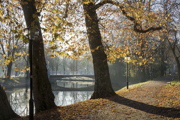 Beautiful view of the Maliesingel in Utrecht, the Netherlands in warm autumn sunlight on an early morning. The Maliesingel used to be a moat to defend the inner city of Utrecht. 
