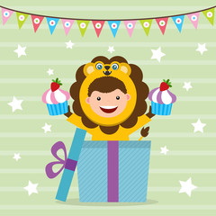 Naklejka premium birthday card decoration with kids in animal costume