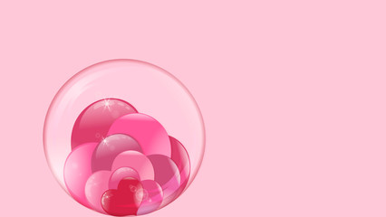 hearts lie inside a transparent glass bowl on pink background