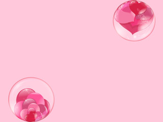 Fototapeta premium hearts lie inside a transparent glass bowl and a bubble flies with hearts inside on pink background