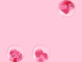 Obraz na płótnie Canvas hearts lie inside transparent glass balls and a bubble flies with hearts inside on pink background