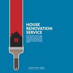 paint roller paint red color over house logo isolated on blue background. creative home renovation service and painting concept, logo design template with space for your company text.