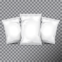 Set of white foil bag packaging for food, snack, coffee, cocoa, sweets, crackers, nuts, chips. Vector plastic pack template set