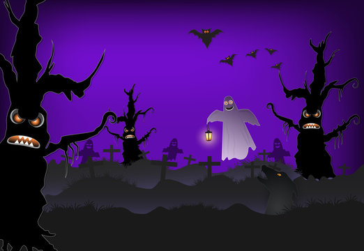 Ghost in cemetery and bat Halloween paper art background, paper cut illustration