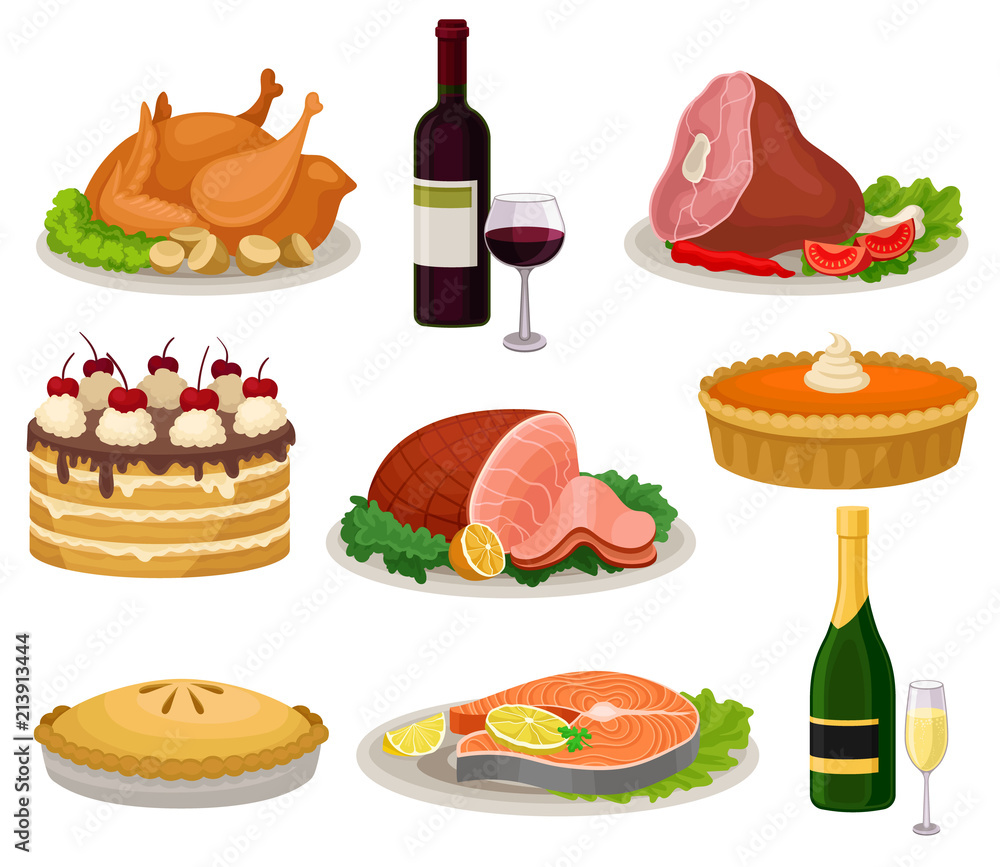 Wall mural flat vector set of traditional holiday food and drinks. tasty meal and beverage. delicious dishes fo