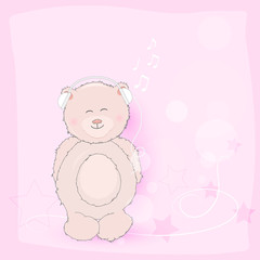 Teddy Bear with headphone listening music on pink background