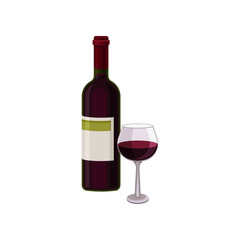 Bottle of red dry wine and glass. Alcoholic beverage. Flat vector element for promo banner or poster of liquor store