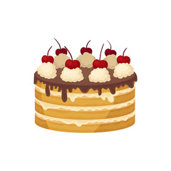 Big layered cake with chocolate glaze, whipped cream and red cherry on top. Delicious holiday dessert. Flat vector design