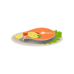 Delicious salmon fish with slices of lemon and fresh lettuce leaf on ceramic plate. Tasty dish for holiday dinner. Flat vector icon