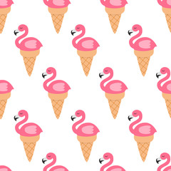 Flamingo in ice cream cone. Seamless pattern. Repeating texture. Fabric print.