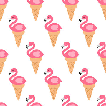 Flamingo in ice cream cone. Seamless pattern. Repeating texture. Fabric print.