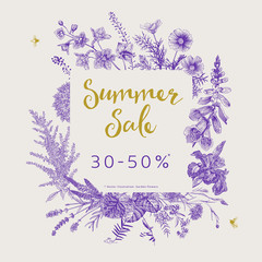 Summer sale. Vector floral vintage illustration. Ultraviolet. Garden flowers © OlgaKorneeva