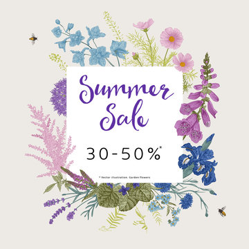 Summer sale. Vector floral vintage illustration. Pink, violet, blue, purple garden flowers