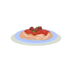 Spaghetti with meatballs, tomato sauce and green basil leaves. Italian cuisine. Tasty dish. Culinary theme. Flat vector design