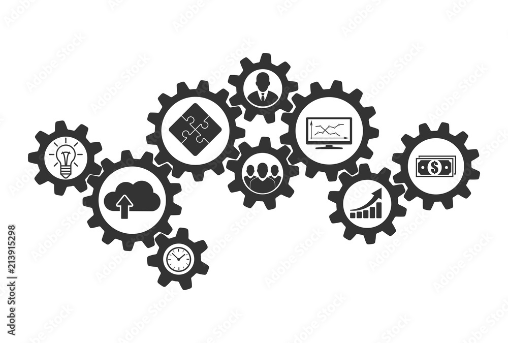 Wall mural business mechanism. contacting gears for teamwork design . vector infographic template with gear and