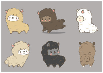 Set of Hand-drawn cute alpaca in different color and different poses on grey background. Vector illustration character design, Cartoon doodle style.